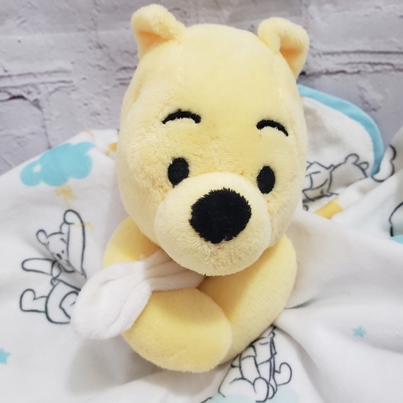Disney Baby Winnie The Pooh Lovey Plush Mini Security Blanket White Aqua Blue - Picture 1 of 7